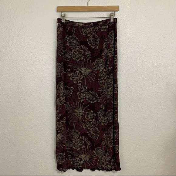 City Knits Y2K Burgundy Taupe Tropical Floral Beachy Midi Skirt Size M - Picture 1 of 5
